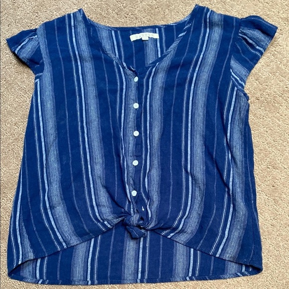 Harper Tops - Harper Blue Flutter Sleeve Linen Blend Blouse with Tie Front Spring Summer